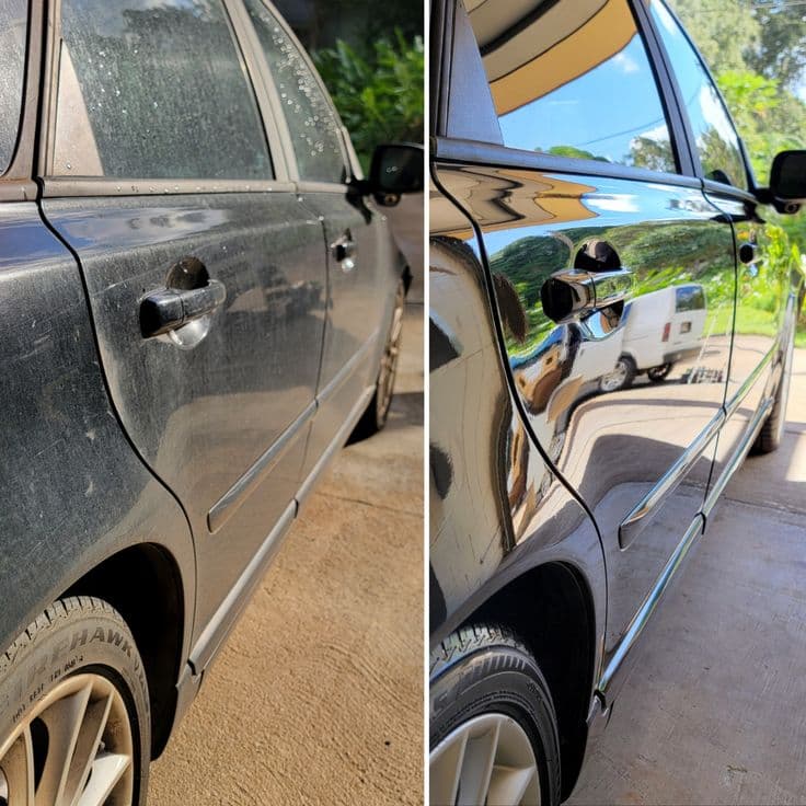 Black Volvo S60 door panel before and after paint correction, dull and swirled vs mirror-finish